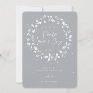 Grey Peace Love + Joy Hand Printed Holly Wreath Holiday Card