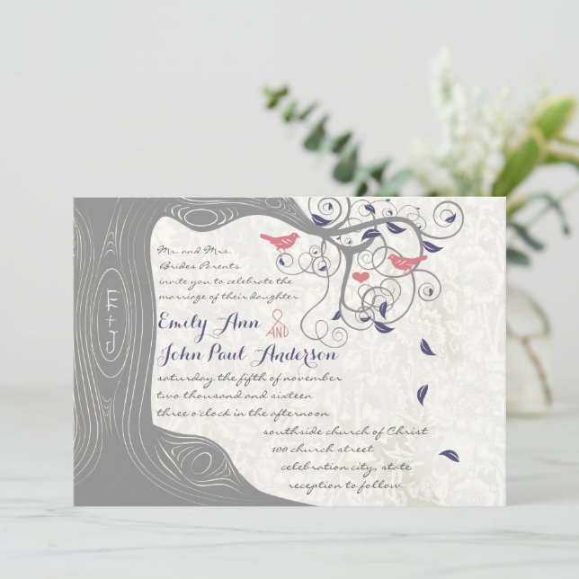 Grey Peach Lapis Blue Love Bird Wedding Invitation (Standing Front)