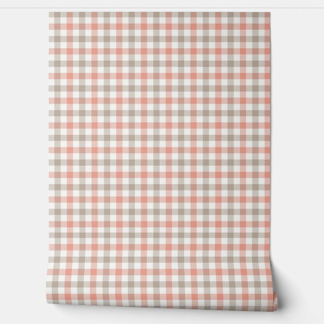 Grey Peach Pink Stripe Plaid Retro Style Wallpaper (Unrolling)