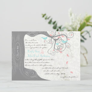 Grey Peachy Pink Minty Aqua Love Bird Wedding Invitation