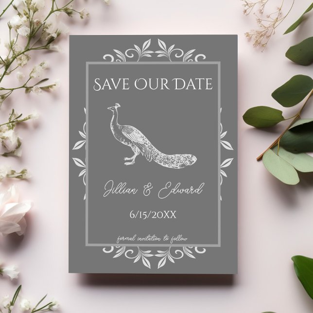 Grey Peacock Flourish  Announcement (Gray Peacock Flourish Save the Date)