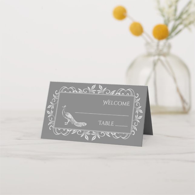 Grey Peacock Flourish Reception Place Card (Front)