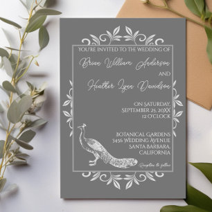 Grey Peacock Flourish Wedding Invitation