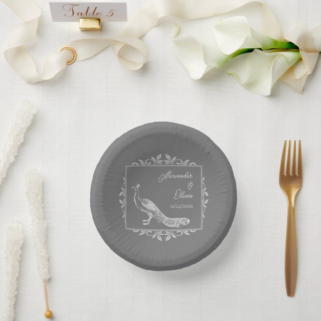 Grey Peacock Flourish Wedding Shower Paper Bowls Paper Plate (Wedding)