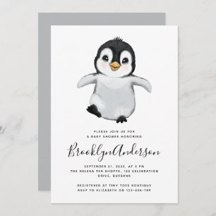 Grey Penguin Baby Shower Invitation