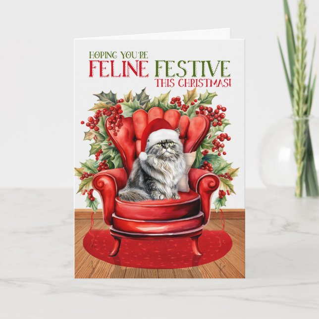 Grey Persian Christmas Cat FELINE Festive Holiday Card (Front)