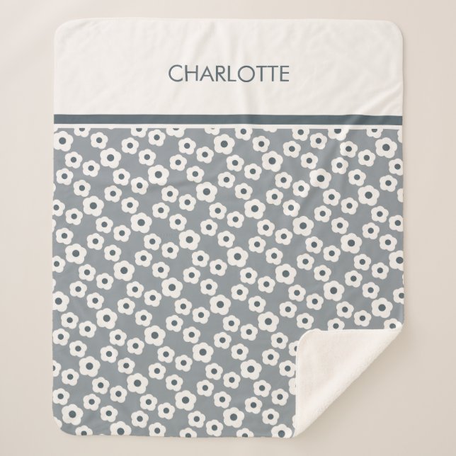 Grey Personalised Modern Retro Floral Pattern  Sherpa Blanket (Front)