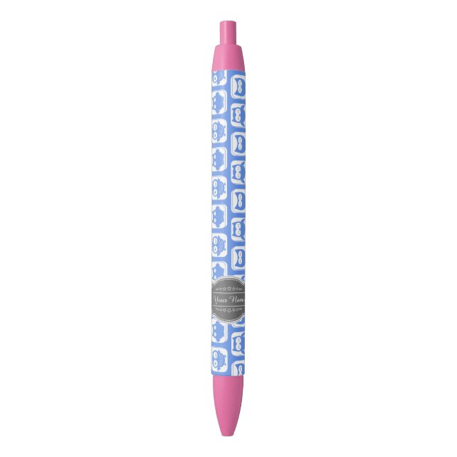 Grey Personalised Name Blue Owl Pattern Black Ink Pen (Front Vertical)