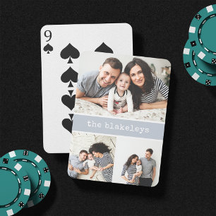 Grey Personalized Family Name 3 Photo Collage Playing Cards