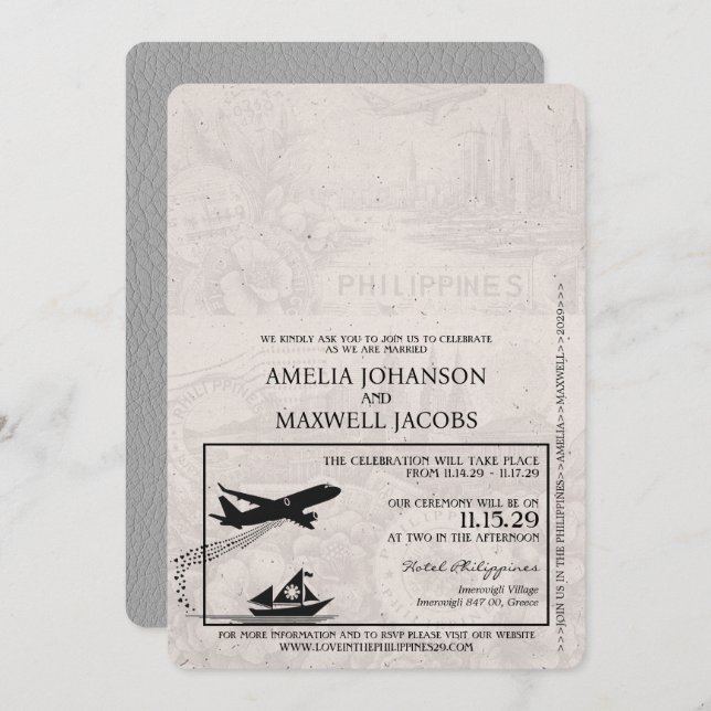 Grey Philippines Passport Wedding Invitation (Front/Back)