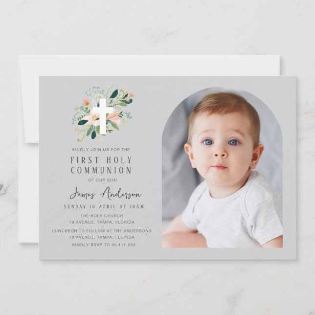 Grey photo arch first holy communion invitation (Front)