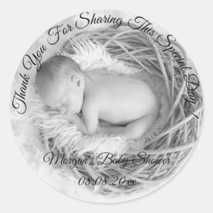 Grey Photo Baby Shower Thank You Name Classic Round Sticker