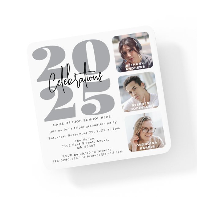 Grey Photo Triple Graduation Invitation (Creator Uploaded)