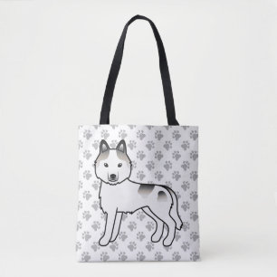 Grey Piebald Siberian Husky Cartoon Dog & Paws Tote Bag
