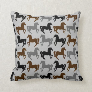 Grey Pillow: Black, Grey, Brown Horses Silhouettes Cushion