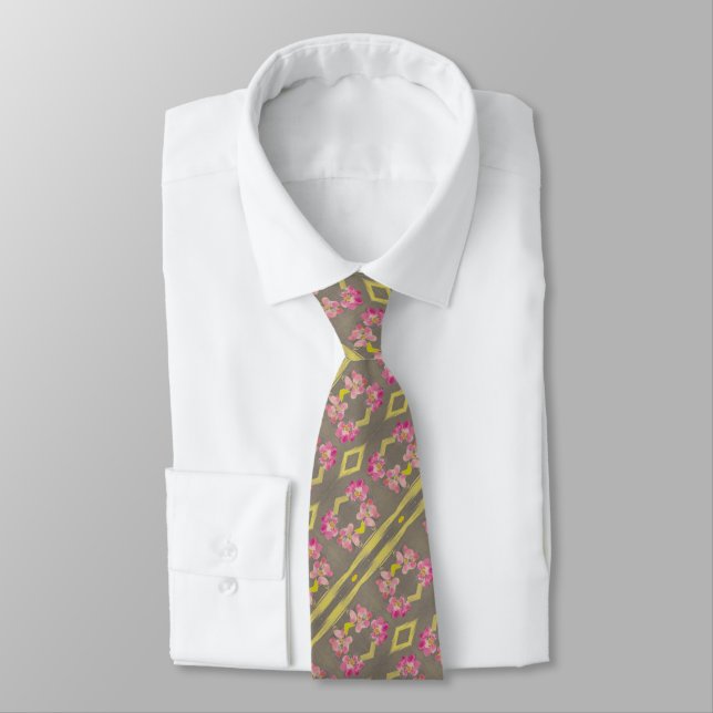 Grey Pink and Bright Lime Green Tie (Tied)