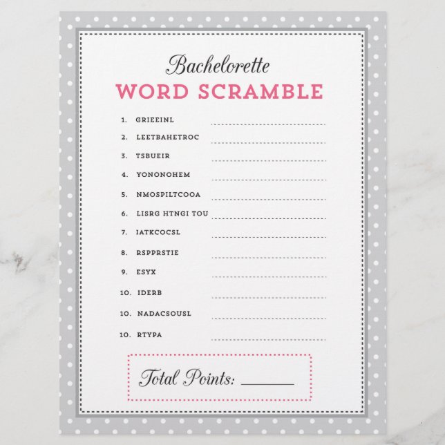 Grey & Pink Bachelorette Word Scramble Game (Front)