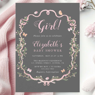 Grey & Pink Blossom Floral Girl Baby Shower Invitation