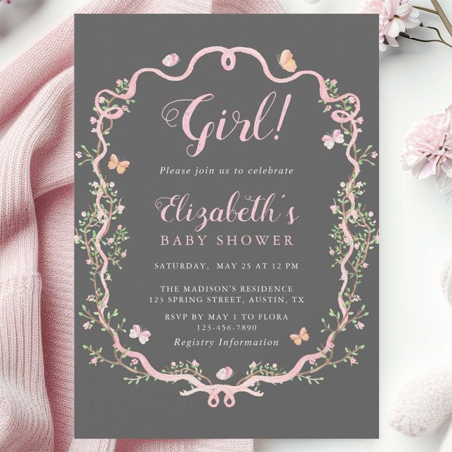 Grey & Pink Blossom Floral Girl Baby Shower Invitation (Creator Uploaded)