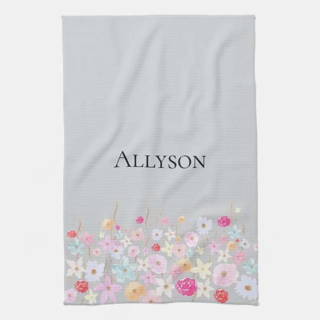 Grey Pink Blue Yellow Flowers Tea Towel (Vertical)