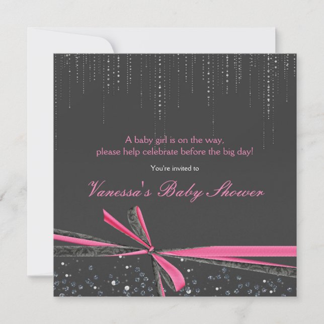Grey & Pink Bow Rhinestone Baby Shower Invitations (Front)