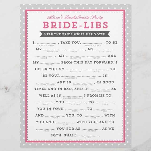 Grey & Pink Bride Libs Game (Front)