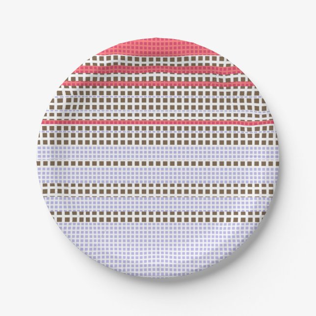 Grey, pink, brown, plaid paper plate (Front)