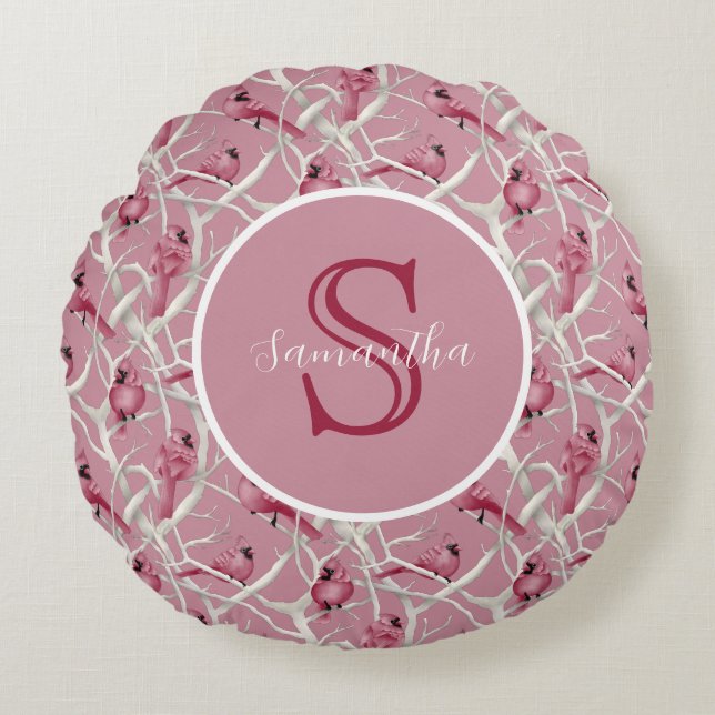 Grey Pink Cardinal Birds Personalised Monogram Round Cushion (Front)