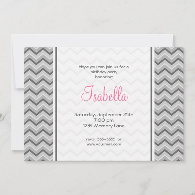 Grey & Pink Chevron Birthday Invitation (Front)