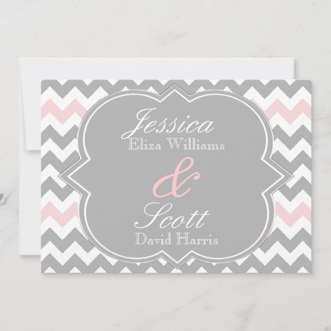 Grey Pink Chevron Wedding Invitation (Front)