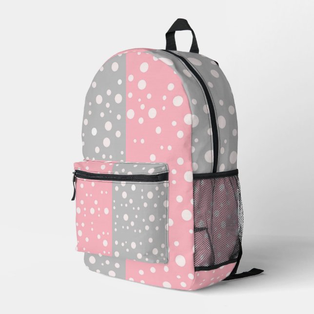 (Grey & Pink Colour) Best White Dot Colour Block Printed Backpack (Back Corner Right)