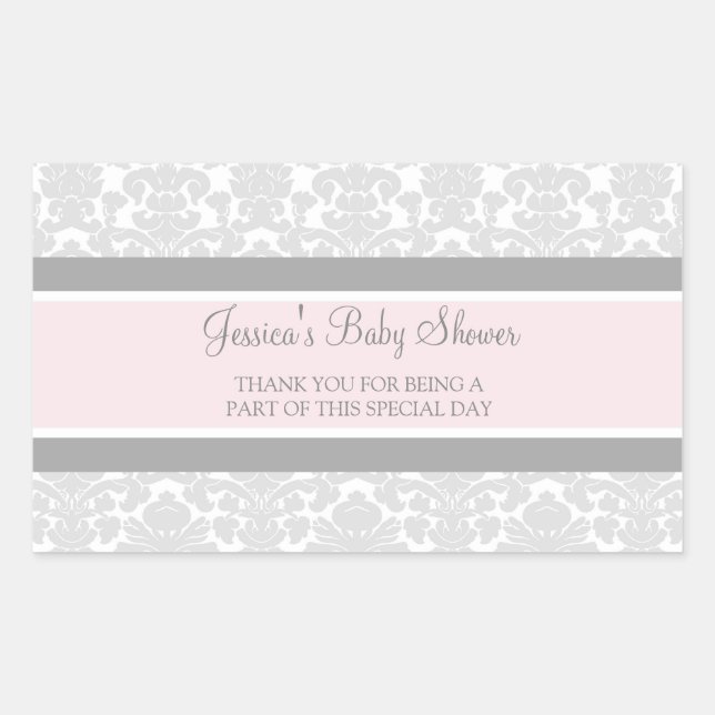Grey Pink Damask Baby Shower Favour Stickers (Front)