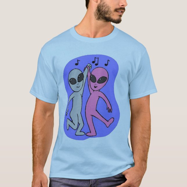 grey pink dancing aliens blue by Wendy C Allen T-Shirt (Front)