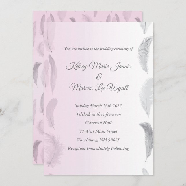Grey Pink Feather Wedding Invitation (Front/Back)