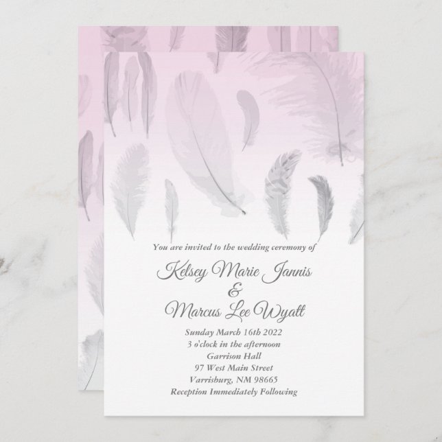 Grey Pink Feather Wedding Invitation (Front/Back)
