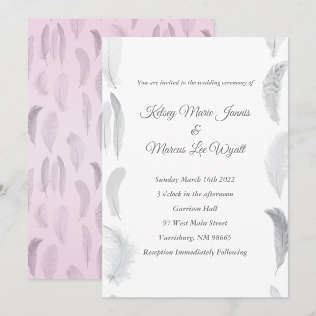 Grey Pink Feather Wedding Invitation (Front/Back)