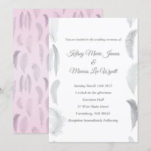 Grey Pink Feather Wedding Invitation