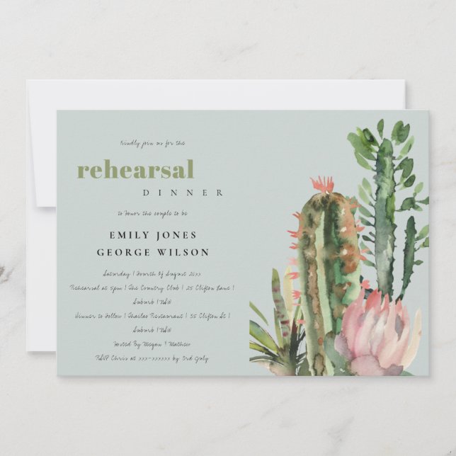 GREY PINK FLORAL CACTI FOLIAGE REHEARSAL DINNER INVITATION (Front)