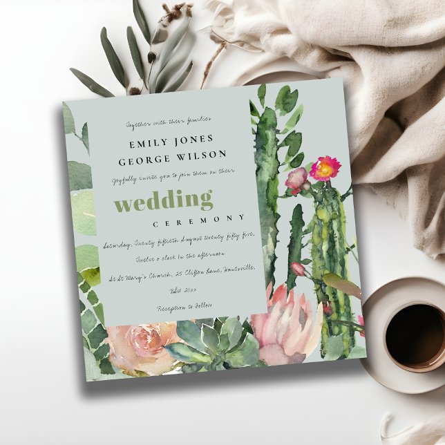 GREY PINK FLORAL CACTI FOLIAGE WATERCOLOR WEDDING INVITATION (Creator Uploaded)
