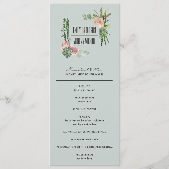 GREY PINK FLORAL CACTI  WEDDING CEREMONY PROGRAM MENU (Front)