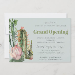 GREY PINK FLORAL DESERT CACTI FAUNA GRAND OPENING INVITATION