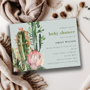 GREY PINK FLORAL DESERT CACTI FOLIAGE BABY SHOWER INVITATION