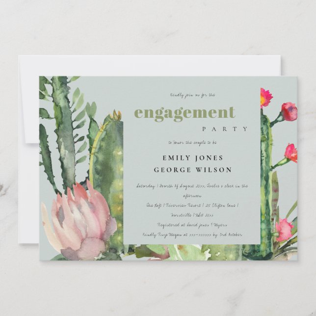 GREY PINK FLORAL DESERT CACTI FOLIAGE ENGAGEMENT ANNOUNCEMENT (Front)