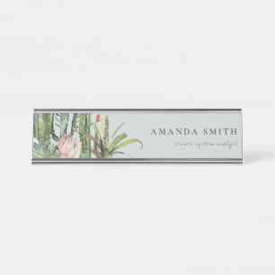 GREY PINK FLORAL DESERT CACTI FOLIAGE WATERCOLOR DESK NAME PLATE