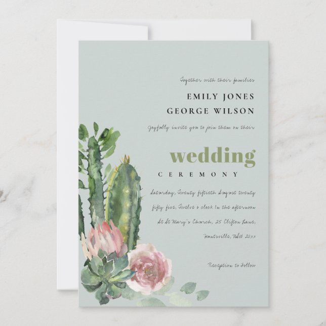 GREY PINK FLORAL DESERT CACTI FOLIAGE WEDDING INVITATION (Front)