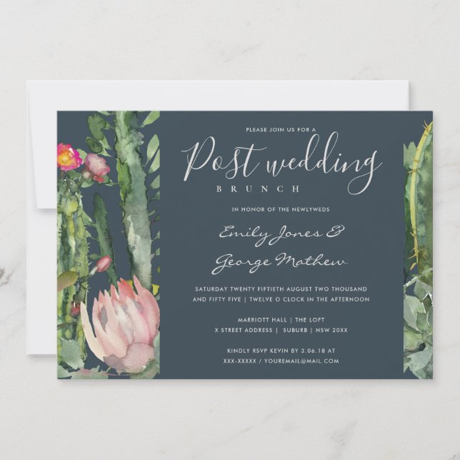 GREY PINK FLORAL DESERT CACTI  POST WEDDING BRUCH INVITATION (Front)
