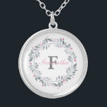 Grey Pink Floral Double Monogram Elegant  Silver Plated Necklace<br><div class="desc">Monogram this grey and pink floral wreath silver plated necklace with your initial and your name. Great gift idea for bridesmaid,  friends,  family or buy one for yourself.</div>