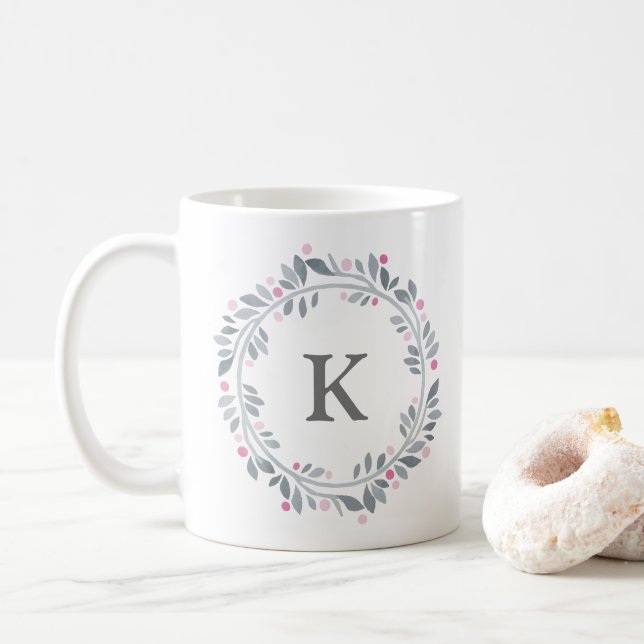 Grey Pink Floral Monogram  Coffee Mug (With Donut)