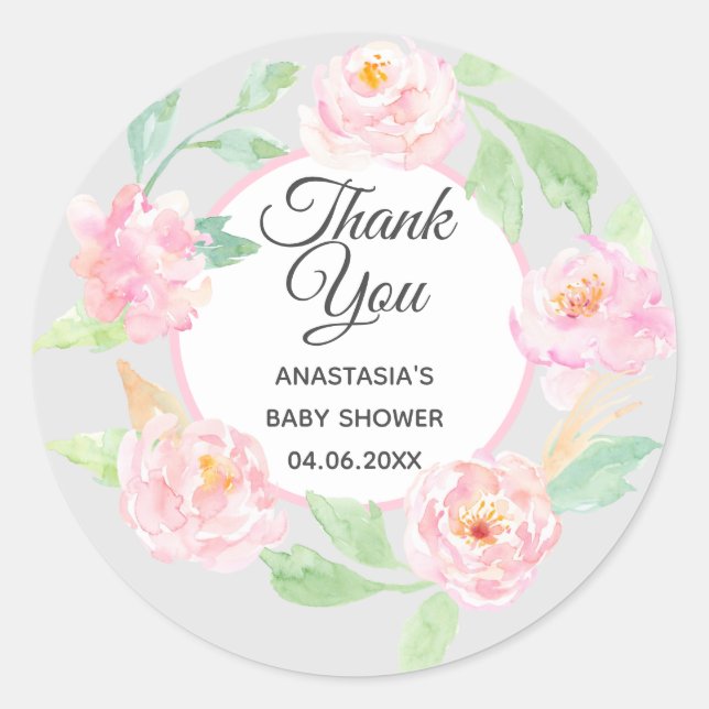 Grey & Pink Floral Wreath Thank You Baby Shower Classic Round Sticker (Front)