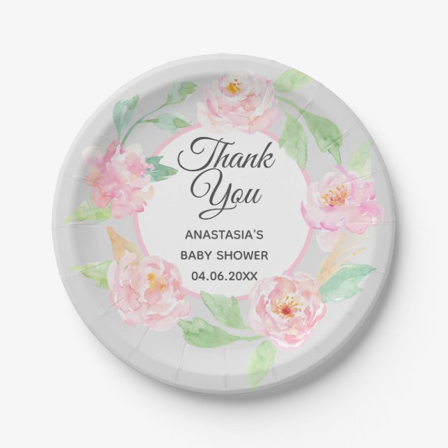 Grey & Pink Floral Wreath Thank You Baby Shower Paper Plate (Front)